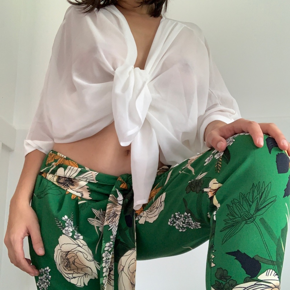 Green Floral Pants and Tie Up White Top/Jacket